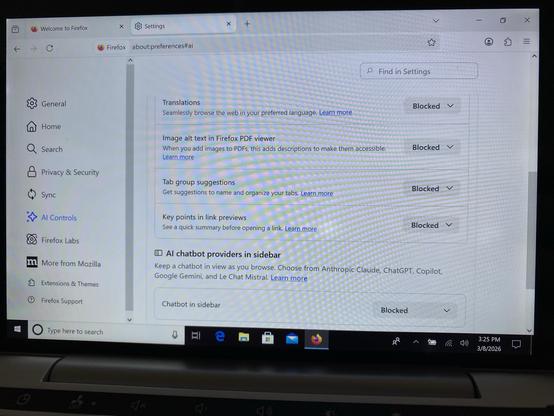firefox ai controls screen with everything blocked