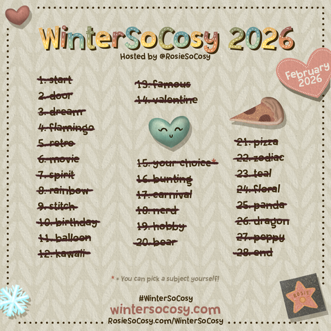 The complete list of prompts for WinterSoCosy February 2026, showing all the days that have been completed so far. All days are done!