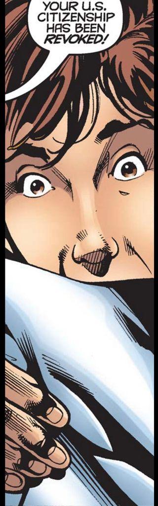 A man, wide brown eyes and brown hair is shocked by what he reads on a piece of paper he's holding just above the lipline. Someone off panel helpfully says, "Your U.S. citizenship has been REVOKED!"