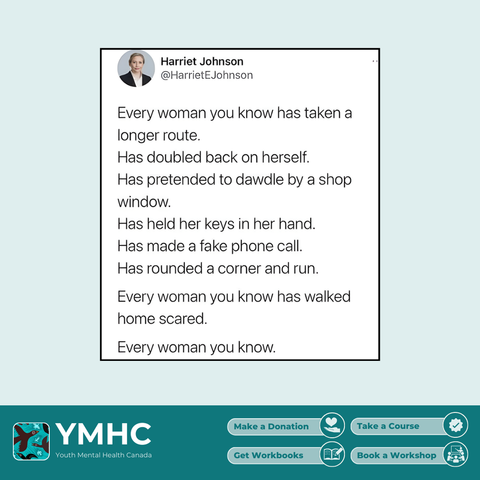 Every woman you know has taken a longer route.
Has doubled back on herself.
Has pretended to dawdle by a shop window.
Has held her keys in her hand.
Has made a fake phone call.
Has rounded a corner and run.
Every woman you know has walked home scared.
Every woman you know.
By @HarrietEJohnson