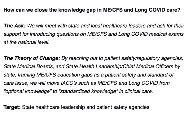 How can we close the knowledge gap in ME/CFS and Long COVID care?

The Ask: We will meet with state and local healthcare leaders and ask for their support for introducing questions on ME/CFS and Long COVID medical exams at the national level. 

The Theory of Change: By reaching out to patient safety/regulatory agencies, State Medical Boards, and State Health Leadership/Chief Medical Officers by state, framing ME/CFS education gaps as a patient safety and standard-of-care issue, we will move IACC’s [Infection Associated Chronic Conditions] such as ME/CFS and Long COVID from “optional knowledge” to “standardized knowledge” in clinical care.  

Target: State healthcare leadership and patient safety agencies.
