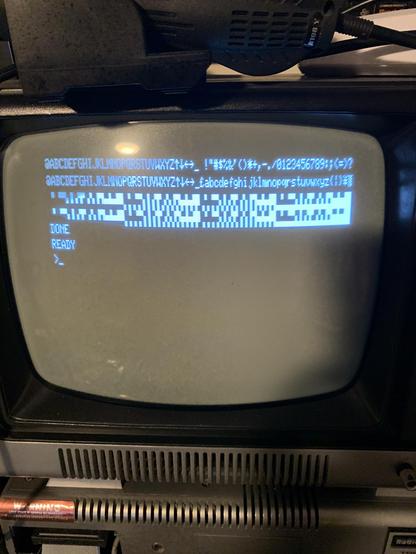 Simple character output from a short bit of basic to poke each element in the character set from 0 to 255. Output from what is considered the standard L2 character ROM with lowercase upgrade. White text on a black and white TRS-80 monitor.