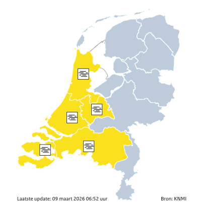 Code geel mist: Zeeland, Noord-Brabant, Utrecht, Zuid en Noord Holland.