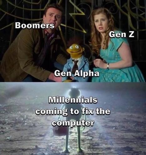 Top Panel: Shows Gary (Jason Segel), Mary (Amy Adams), and the Muppet Walter standing together with concerned and slightly confused expressions. They are labeled "Boomers," "Gen Z," and "Gen Alpha," respectively.
Bottom Panel: Shows a dramatic, low-angle shot of Kermit the Frog's silhouette as he walks forward, carrying a small bag. It is captioned: "Millennials coming to fix the computer."