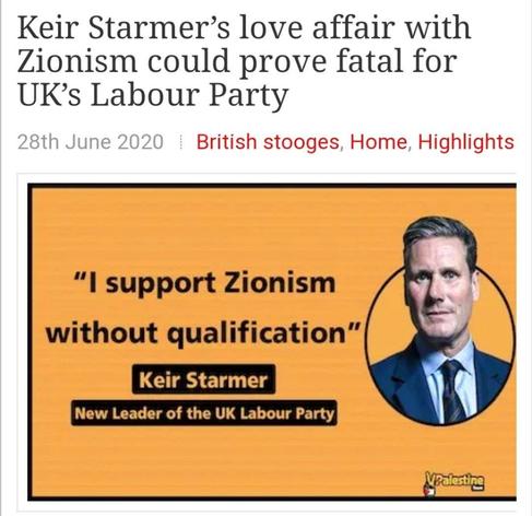 Alt-text
Image of UK Prime Minister Starmer
Newspaper headline: “Keir Starmer’s love affair with Zionism could prove fatal for UK’s Labour Party”
Starmer quote: “| support Zionism without qualification”
