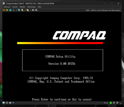 Using the Compaq Diagnostics boot disk to set up a virtual Deskpro 386/25.