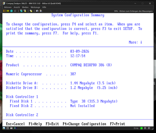 System configuration of my virtual Deskpro 386/25.