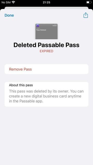 iPhone Apple Wallet screen showing a “Deleted Passable Pass” marked as Expired, with a button labeled “Remove Pass” and a message explaining that the pass was deleted by its owner and a new digital business card can be created in the Passable app.
