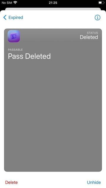 iPhone Apple Wallet view displaying a gray Passable card labeled Pass Deleted with the status “Deleted,” shown in the expired passes section with options at the bottom to Delete or Unhide the pass.