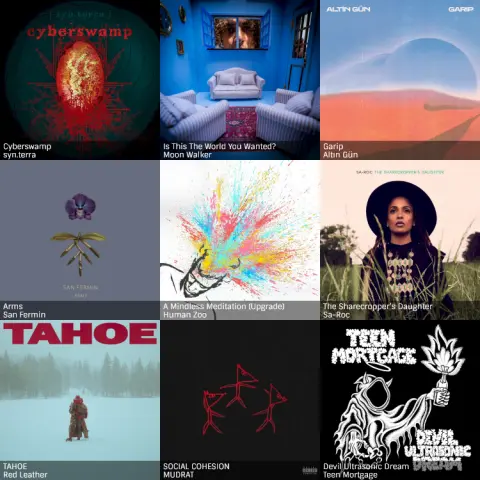 Top albums • 1 week • nisemikol
 
1. syn.terra | Cyberswamp
2. Moon Walker | Is This The World You Wanted?
3. Altın Gün | Garip
4. San Fermin | Arms
5. Human Zoo | A Mindless Meditation (Upgrade)
6. Sa-Roc | The Sharecropper’s Daughter
7. Red Leather | TAHOE
8. MUDRAT | SOCIAL COHESION
9. Teen Mortgage | Devil Ultrasonic Dream