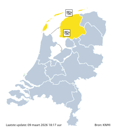 Plaatje van Nederland met code geel in Friesland en de Wadden