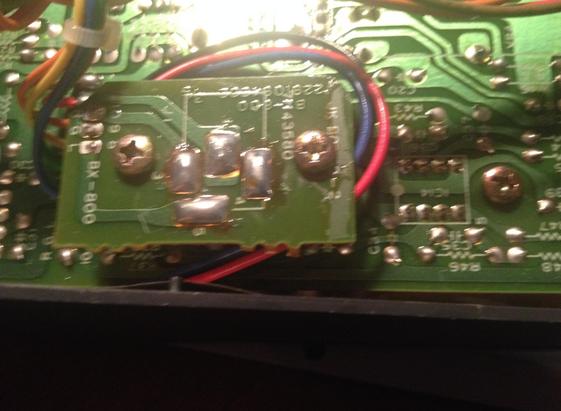Closeup of the underside of the heaphone jack daugherboard of a Boss BX-800 mixer.