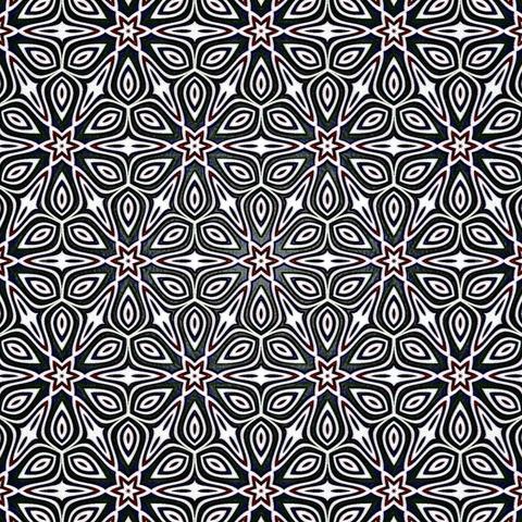 Black and white hex-tiling with 6-petalled flowers.