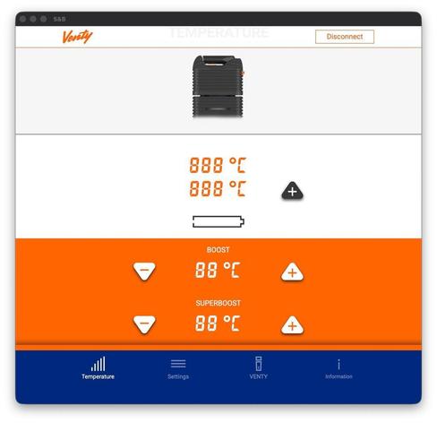 Desktop app interface for the Storz & Bickel Venty vaporizer showing a temperature control screen. The UI displays the device image at the top, current and target temperatures in large orange digits (°C), battery status, and controls to adjust Boost and Superboost temperature levels with plus and minus buttons. A navigation bar at the bottom includes Temperature, Settings, Venty, and Information.