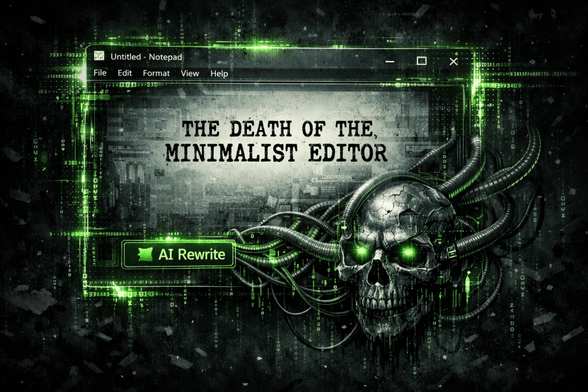 A glitchy Windows 11 Notepad window displaying the text "The Death of the Minimalist Editor" with neon green code and cybernetic elements representing a security breach.