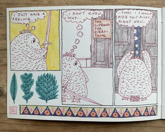 Zine page with owlet Oat hiding a sword in The Cupboard for Everything.