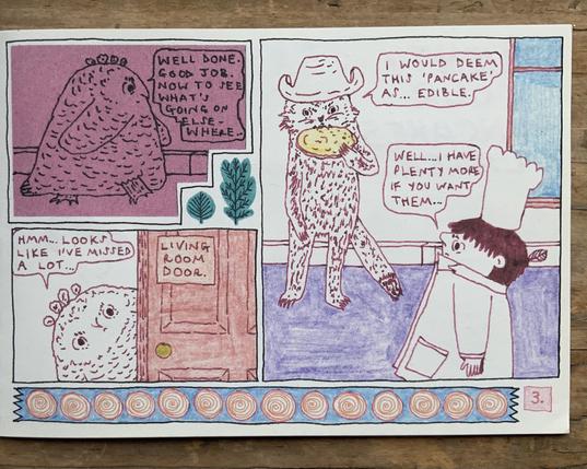 Zine page with the pirate guest trying a pancake and finding it ‘edible’.