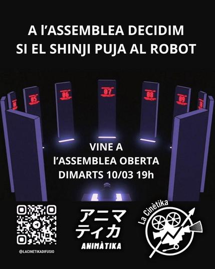Un cartell amb la informació de l'assemblea de animatika. De fons, un frame de Evangelion.
