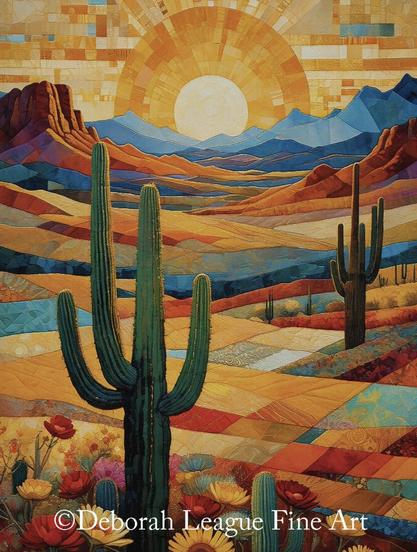 A radiant sun sets over a southwest desert landscape, casting warm hues across the mountains and cacti. The foreground is lush with blooming desert flowers, contributing a lively mix of colors. Geometric patterns in the sky and land create a mosaic-like effect, enhancing the visual depth.
