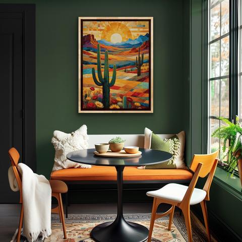 Framed art shown in a display room.