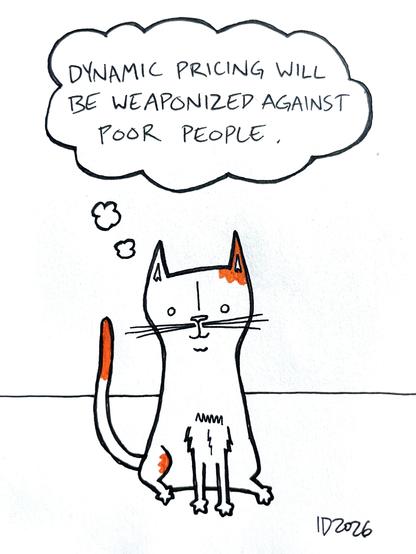 a cat with orange spots sits and thinks "dynamic pricing will be weaponized against poor people."