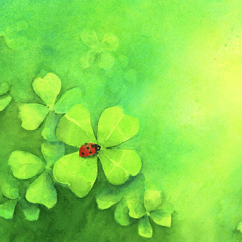 Ladybird on four-leaf clover is a detail from the watercolor painting A lucky day painted by the artist Karen Kaspar. The original painting was painted in landscape format. Here, a section in square format was chosen. Another cut-out in portrait format is also available in my shop. Choose for yourself which format fits best in your rooms.
The watercolor painting is built up of many layers of different bright fresh green tones and shows the abstracted detail of a wildflower meadow with many four-leaf clovers. On one of the clovers sits a red ladybird with black dots. Due to the strong complementary contrast between red and green, this little lucky ladybird is the focus of the picture and attracts attention. The four-leaf clovers and the ladybird are symbols of luck. I wish you that this picture brings a lot of luck and joy into your home.