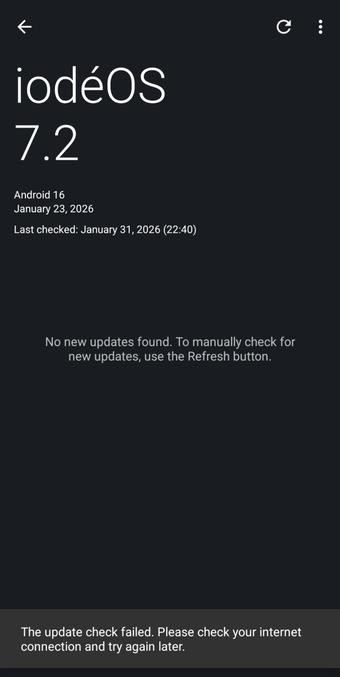 Auf dem Screenshot wird im iodé-Updater der Zeitpunkt des letzten erfolgreichen Updates angezeigt (Januar 2026).
Am Ende der Seite wird die Fehlermeldung "The update check failed. Please check your Internet connection and try again later." angezeigt.