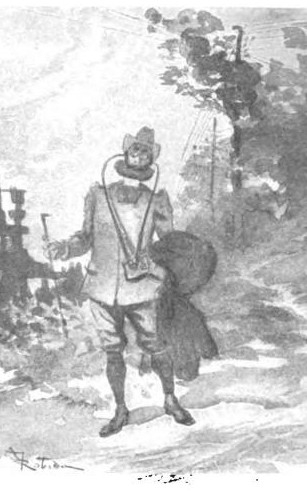 Zeichnung. Ein Mann in historischer Kleidung im Freien. Er hat in seinen Ohren eine Art Stethoskop, das am unteren Ende mit einem Kasten ähnlich einem Walkman verbunden ist. Im Hintergrund sieht man Kabel von / zu einem Masten verlaufen. Bildquelle: Albert Robida, Scribner's Magazine 16 (July–December 1884), S. 221–231, https://archive.org/details/TheEndOfBooks/page/n7/mode/2up