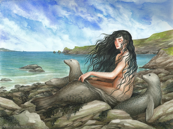 A selkie removes her seal skin on a beach. Illustration by Nataša Ilinčić.