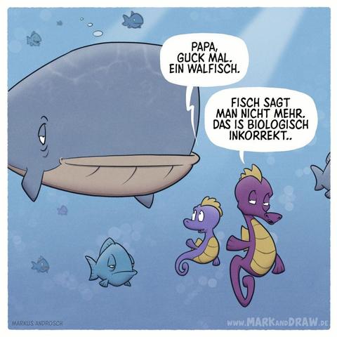 Ein Cartoon-Bild unterm Meer. Zwei lilafarbene Seepferdchen, ein Vater mit seinem Sohn, schwimmen in der Tiefsee. Ein großer grauer Wal schwimmt im Hintergrund des Bildes. Das Seepferdchen-kind sagt: "Papa, guck mal. Ein Walfisch." Darauf antwortet der Vater: "Fisch sagt man nicht mehr. Das ist biologisch inkorrekt."