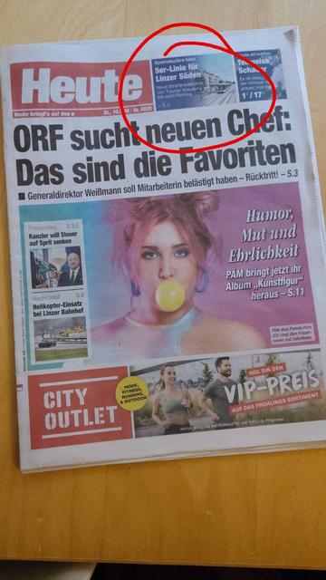 Cover der Heute Zeitung mit kleinem Verweis auf die Story zur Linzer 5er Bim auf Seite 9