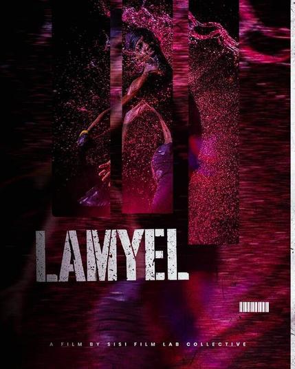 A stylized film poster titled LAMYEL with magenta and pink particle effects on a dark background, showing fragmented vertical panels and a male figure.