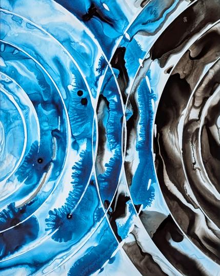 blue and black ink painting with overlapping concentric circles