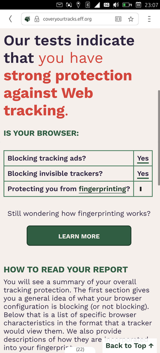 screenshot of ubuntu touch with the test result:
Our tests indicate
that you have
strong protection
against Web
tracking.
IS YOUR BROWSER:
Blocking tracking ads? Yes
Blocking invisible trackers? Yes
Protecting you from fingerprinting? IB
