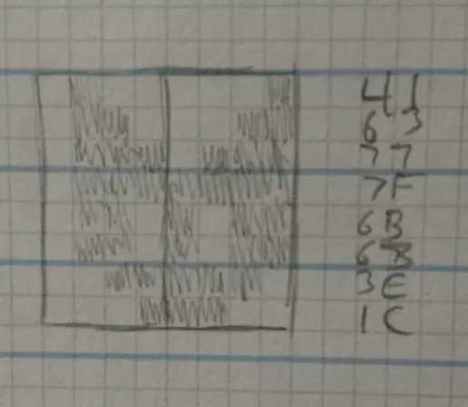 close up of a grid paper, where a pixelized cat head taking up 8x8 pixels has been doodled and filled in. to the right of it are hex values for the bits
its kind of like playing picross?