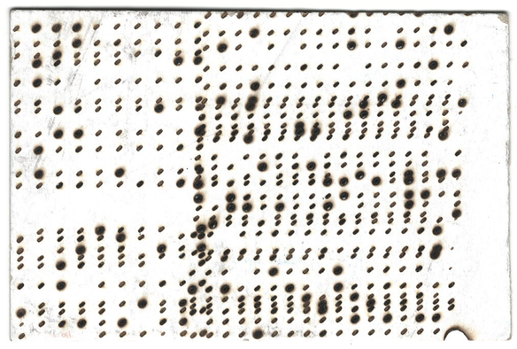 A postcard, on white card, with black marks in a somewhat irregular grid. The marks are burn marks, some larger than others. The edges are somewhat irregular, and in the lower right there is a round notch, which also looks cut with a laser.