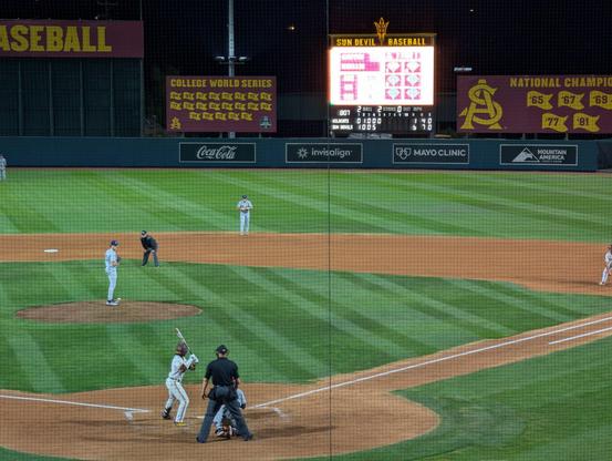 A Sun Devil batter hits in the bottom of the 5th inning at Phoenix Municipal Stadium. The ASU baseball team is in the process of torching their rivals from down south.