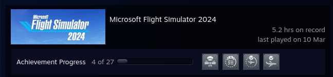 Карточка игры Microsoft Flight Simulator 2024 в библиотеке Steam с информацией о времени проведенной в игре и прогрессе выполнения достижений пользователя.