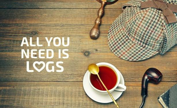 Photo of a tabletop, a Sherlock hat, cup of tea n pipe among the placed things on the table.
Text:
All you
need is
Logs
(The hole of the o in logs is heartshaped)