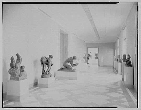 The image shows a black and white photograph of an indoor sculpture gallery, likely from the early 1940s. The space features several classical sculptures displayed on pedestals along both sides of the room. These statues depict various human figures in different poses, such as kneeling or sitting, showcasing diverse anatomical details and artistic styles.
The architecture of the hallway is minimalistic with clean white walls and a tiled floor that adds to the overall serene ambiance of the gallery. Fluorescent lighting runs across the ceiling providing ample illumination for viewing art pieces. The perspective captured in this image conveys depth by looking down a long, straight corridor which appears slightly narrow due to the diminishing size of objects.
It's important to note that specific artists and titles are not discernible from this photograph; therefore, it is difficult to identify or contextualize individual sculptures without additional information.