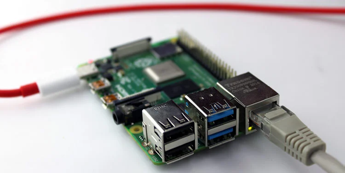 Raspberry Pi : sur une face la prise Ethernet, sur le côté gauche la prise d'alimentation en USB-C.