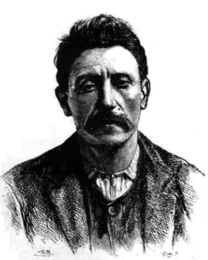 Black and white sketch of Clément Duval, with a bushy mustache.