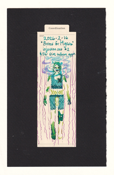 the manila bookmark with clinical record vibes has a human figure in the center, which is marked with vibrant inks. this human's head/neck/shoulders have 31 dark spots marked, with lines drawn back from them in arcs. all around their head are many curving wisps of foggy obfuscating mist. they wear a binder and long boxer briefs made of hatches, which has an abstract shape at the crotch bulbous at two ends and thinner in the center. Many of their joints are dyed with darker inks, and their spine, especially the lower spine is highlighted with dots and arrows. the color scheme is mostly teal and green on the body, with magenta jagged background and pale blue/lavender fog.