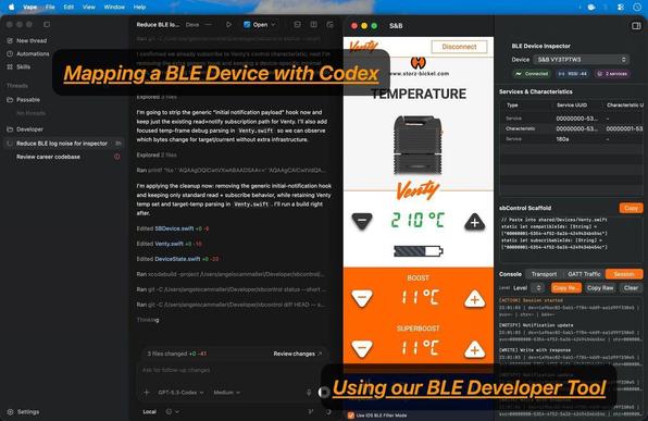 A macOS desktop screenshot showing a developer workflow for reverse-engineering a Bluetooth Low Energy (BLE) device. On the left, a coding assistant interface displays changes to Swift files and terminal logs. In the center, a desktop app UI for a Venty vaporizer shows temperature controls and battery status. On the right, a BLE Device Inspector lists services, characteristics, and live console traffic. Overlaid text reads: “Mapping a BLE Device with Codex” and “Using our BLE Developer Tool."