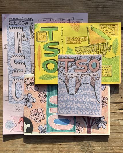 A set of four zines or comics covered in patterns, waves, a boat, leaves, and detective Tso.