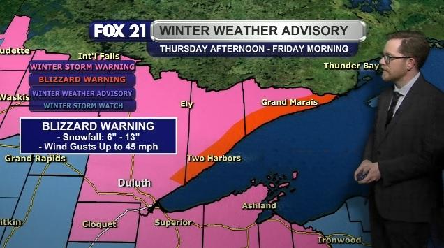 After a calm and seasonal overnight, a very strong clipper system will bring heavy snow showers and strong winds to the Northland from Thursday afternoon through Friday morning. Blizzard conditions are possible at times. More information can be found at fox21online.com/weather
