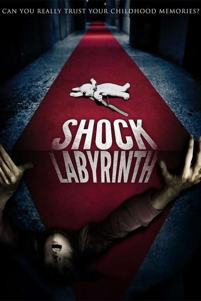 Poster for the 2009 film with the title in white over a red carpet in the middle. Below is a person hanging on to the side is a wall and above is a stuffed rabbit holding a knife