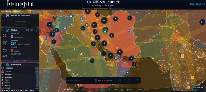Screenshot of https://bamqam.com Iran war dashboard.