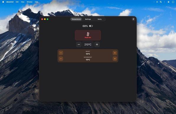 A macOS app window displaying the sbcontrol temperature control interface for a Venty vaporizer. The UI shows the device battery at 68%, a “Heat On” button, temperature controls set to 210 °C, and adjustable Boost (+10 °C) and Superboost (+15 °C) options.