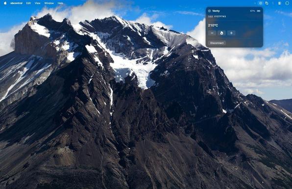A macOS desktop with a mountain wallpaper showing a menu bar control panel for a Venty vaporizer. The compact floating widget displays the device name, battery level (67%), and the current temperature set to 210 °C, with buttons to increase or decrease the temperature and a disconnect option.
